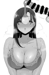 1boy :o amano_don asymmetrical_bangs bar_censor blush bra breasts breath censored cleavage commentary condom condom_on_penis erection female flower-trimmed_bra flower_trim greyscale large_breasts long_hair monochrome original parted_bangs parted_lips penis simple_background solo_focus straight straight_hair sweat testicles underwear upper_body used_condom used_condom_on_penis white_background