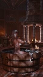 ass bath bathing breasts bubble_bath ciri closed_eyes completely_nude female fluidity3d foam kaer_morhen light-skinned_female mascara nude scar shower solo the_witcher_(series) the_witcher_3:_wild_hunt white_hair