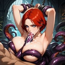 ai_generated blowjob blue_eyes blush blushing boobjob chained chains cum cum_on_breasts dragon_age dragon_age_inquisition dragon_age_origins fellatio leliana paizuri red_hair restrained short_hair tentacle titjob