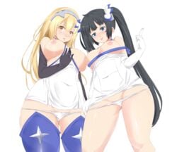 2girls absurdres aiz_wallenstein between_breasts black_gloves black_hair blonde_hair blue_eyes blue_legwear blush breasts breasts_out clothes_between_breasts dress dungeon_ni_deai_wo_motomeru_no_wa_machigatteiru_darou_ka elbow_gloves gloves hestia_(danmachi) highres long_hair looking_at_viewer multiple_girls nipples panties rei_no_himo ribbon simple_background sombra222 thighhighs tied_hair tongue tongue_out twintails underwear white_background white_dress white_gloves white_panties yellow_eyes