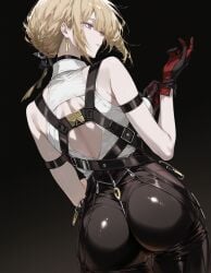 ai_generated ass ass_focus ass_zipper bare_shoulders bellmod3 blonde_hair breasts evelyn_chevalier female from_behind gloves hoyoverse large_breasts light-skinned_female light_skin looking_at_viewer looking_back mihoyo mihoyo_technology_(shanghai)_co._ltd. pants parted_lips red_eyes shiny shiny_clothes shiny_hair shiny_skin short_hair sideboob solo stars_of_lyra zenless_zone_zero zipper zipper_pull_tab