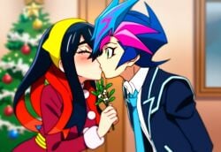 1boy 1boy1girl 1girl ai_generated blush carmine_(pokemon) christmas_tree crossover female green_eyes kissing mistletoe pokemon pokemon_sv two_tone_hair wholesome yu-gi-oh! yu-gi-oh!_vrains yusaku_fujiki