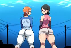 2girls ai_generated armwear ass ass_focus ben_10 big_ass black_eyes black_hair boruto:_naruto_next_generations bottomless breasts bubble_ass bubble_butt crossover dat_ass eyewear female female_only glasses green_eyes gwen_tennyson huge_ass looking_back mullon naruto naruto_(series) novelai orange_hair sarada_uchiha short_hair