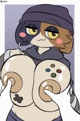 animated big_breasts big_tits breasts cat_ears cat_girl cat_humanoid catgirl clothed dalia ear_ring fortnite furry gif hand_holding hand_on_breast looking_at_viewer meow_skulls_(fortnite) naughty_face nipple_play no_sound painted playing_videogame playing_with_breasts playing_with_nipple shaking_breasts shy woebeeme