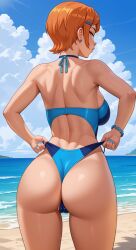 ai_generated ass beach ben_10 big_breasts cameltoe female from_behind gwen_tennyson hi_res orange_hair pulling_swimsuit seekster swimsuit swimsuit_pull swimwear swimwear_pull tagme