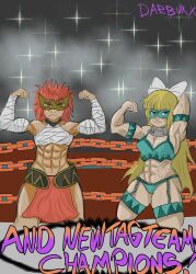 2girls abs armpits bandage biceps bow chains champion charlotte_(fire_emblem) darbuxx female female_warrior female_with_female female_wrestler fighters fire_emblem fire_emblem_fates fire_emblem_heroes flexing mask masked masked_female muscles muscular muscular_arms muscular_female muscular_legs muscular_thighs nintendo nintendo_3ds rinkah_(fire_emblem) rope smile tag_team teamwork wrestler wrestler_costume wrestling wrestling_mask wrestling_outfit wrestling_ring yuri