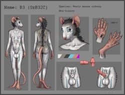 5_fingers 5_toes absurd_res animal_genitalia animal_penis anthro areola ass b3_(ashnurazg) balls big_balls black_hair blue_eyes border claws cybernetics cyberpunk cyborg digitigrade ear_piercing erection feet fingers flat_chested fur furgonomics furry-specific_piercing genital_piercing genitals grey_body grey_border grey_fur hair hi_res incisors intersex lgbt_pride machine mammal medial_ring model_sheet mouse murid murine nipple_piercing nipples nonbinary_(lore) nude penis piercing pink_ears pink_feet pink_hands pink_nipples pink_nose pink_penis pink_tail pride_colors pubes rodent rodent_penis sheath sheath_piercing simple_background solo spreading standing tail teeth text toes transgender_pride_colors urethra usb_port vulva white_body white_claws white_fur woolly_mouse