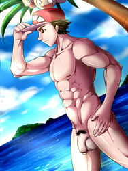 1boy abs alolan_exeggutor belly black_eyes brown_eyes brown_hair censored day exeggutor flaccid hat holding human looking_down male_only muscle navel nipples nude ocean open_mouth outdoors pecs penis plant pokemon pokemon_sm pubic_hair red_(pokemon) short_hair sky smile standing testicles tofu_(coolboyz18) tongue water