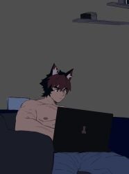 1boy ahrstudio alternate_version_available animal_ears biceps clothed dark_ambience erection genitals komano_manato laptop lights_off male male_focus male_only manly nipples pants pecs penis scar scars scars_all_over serious shadow sitting sitting_on_sofa topless zenless_zone_zero
