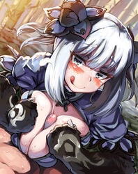 :q bangs belko blush breast_squeeze breasts cleavage cleavage_cutout ejaculation_between_breasts female flower hair_flower hair_ornament large_breasts looking_at_viewer monster_girl_encyclopedia paizuri panda_ears pubic_hair ren_xiongmao shaun_(fallenicons) silver_eyes silver_hair solo_focus sweat tied_hair tongue tongue_out twintails