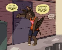 animated anthro back_alley barefoot bat bathroom big_ears black_hair black_nose black_wings bottomwear brown_body brown_fur clothing desperation fangs feet fur hair holding_crotch hopful_anomenoe loop male male_only mammal omorashi pee_desperation potty_dance puddle shorts sleeveless_clothing solo speech_bubble teeth trash urban wings