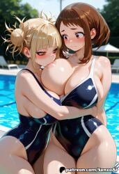 2girls ai_generated big_breasts blonde_female blonde_hair blush boku_no_hero_academia breast_sucking breasts brown_hair busty cleavage curvy duo embarrassed female female_only hi_res himiko_toga hug huge_breasts large_breasts light-skinned_female light_skin my_hero_academia nipple_suck nipple_sucking ochako_uraraka one-piece_swimsuit one_breast_out outdoors pool poolside senzoai swimsuit tagme toga_himiko uraraka_ochako wet wet_body wet_clothes wide_hips yuri