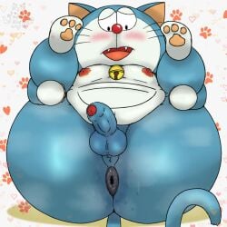 2025 absurd_res anime anthro anus ass balls bedroom_eyes bell bell_collar big_butt black_eyes blue_body blue_ears blue_tail blush collar digital_media_(artwork) domestic_cat fangs felid feline felis footprint genitals half-closed_eyes heart_symbol hi_res legs_up lying machine male mammal moobs narrowed_eyes nekoni nipples nude on_back orange_pawpads pattern_background pawpads pawprint pawprint_background penis pink_nipples presenting presenting_anus presenting_hindquarters rear_view red_nose robot robot_anthro seductive sharp_teeth simple_background solo tagme_(character) tail teeth thick_thighs tongue whiskers white_body