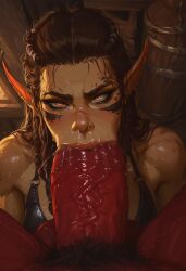 2d ai_generated baldur's_gate_3 big_ass big_breasts big_penis bikini blowjob blowjob_face breasts dominant_female dungeons_and_dragons elf_ears fantasy female gith githyanki hugoroman imminent_oral imminent_sex interspecies lae'zel leather legs_apart looking_at_viewer lustful_gaze male night penis pov precum red_penis seductive seductive_look tagme wholesome