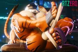 3d_(artwork) alien anthro armor ass balls bengal_tiger big_butt big_feet big_muscles big_pecs claws clayton_(rtzero) clothing crossed_legs digital_media_(artwork) feet felid foot_focus footwear genitals halo_(series) headgear helmet hi_res lying male mammal microsoft muscular muscular_male nude_male on_back pantherine pecs rtzero sandals sangheili shoes solo space_helmet tiger toe_claws xbox_game_studios