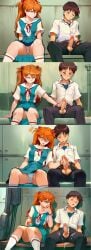 1boy 1boy1girl 1girl ai_generated asuka_langley_sohryu blue_eyes brown_hair cum_on_clothes cum_on_hand eating_cum ejaculation embarassed_male embarrassed embarrassed_expression handjob licking_fingers looking_away neon_genesis_evangelion orange_hair panties panties_exposed penis penis_grab penis_out school_uniform schoolboy schoolgirl sequence shinji_ikari uncensored