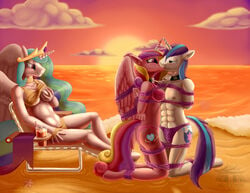 2017 anthro arms_behind_back beach bikini bondage bound bound_together bra breast_grab breasts chains clothing female femdom femsub friendship_is_magic invalid_tag kissing linked_collar making_out male male_and_female_subs malesub multiple_subs my_little_pony panties princess_cadance_(mlp) princess_celestia_(mlp) quakehoof rope seaside shining_armor_(mlp) straight sunset swimsuit tied underwear voyeur