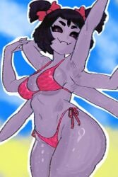 armpit_fetish armpits beach bikini dumbwitchyy heart-shaped_pupils muffet sweat sweaty sweaty_armpits twintails undertale
