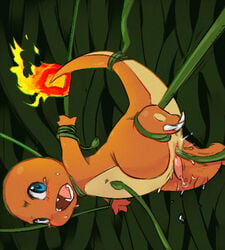 1boy anal anal_sex animal_genitalia anus arm_grab ass belly blue_eyes blush bound charmander claws erection fangs feet feral fire genital_slit green_background haganedon insertion interspecies leg_grab male male_only neck_grab nintendo no_nipples oekaki open_mouth orange_skin penetration penis pokémon_(species) pokemon precum restrained scalie sex slit solo suspension sweat tail tail_grab tears teeth tongue video_games vines wet yellow_skin