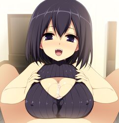 1boy :d black_hair breast_squeeze breasts cleavage_cutout cum cum_on_body cum_on_breasts cum_on_upper_body erect_nipples eyebrows_visible_through_hair fangs female hair_between_eyes highres indoors kinoshita_ichi large_breasts open_mouth original paizuri purple_eyes ribbed_sweater smile straight sweater