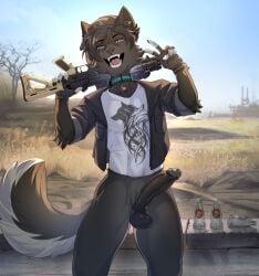 afternoon anthro black_clothing black_nose black_shirt black_topwear brayan_(a-doss) canid canine clothed clothing collar dark_body dark_fur dark_hair dark_penis dark_tail dc_shoe_co dead_tree desert destroyed_building erection fallout fartingdoggi fingerless_gloves fur galdway genitals gesture gloves grey_body grey_fur gun gun_on_back hand_gesture handwear happy hat headgear headwear hi_res logo looking_at_viewer male mammal microsoft nuka-cola open_mouth pantsless penis piercing pink_tongue plant ranged_weapon rifle shirt solo street teeth tongue topwear tree v_sign weapon wheat white_clothing white_fingers white_shirt white_topwear