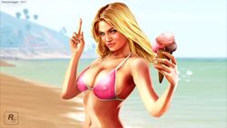 :) artist_request bare_shoulders belly blonde_hair blue_eyes cleavage collarbone grand_theft_auto grand_theft_auto_v gtav_cover_girl holding_ice_cream ice_cream light_blue_eyes looking_at_viewer medium_breasts middle_finger nipples_visible_through_clothing pink_bikini rockstar_games sideboob smile