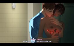 1boy 1girls 2d 2d_(artwork) 2d_artwork augmentation comfort comforting comforting_another courtney_(dispatch) crying dialogue dispatch_(game) emotional emotional_expression emotional_support english_dialogue english_text female from_behind hetero highres hugging hugging_from_behind injury invisigal locker_room male niahti nose_piercing robert_robertson sad sadness short_hair subtitles sweet tears text topless wholesome