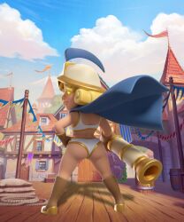 1girls absurd_res ai_generated ass ass_focus bikini blonde_female blonde_hair cape clash_(series) clash_royale edit edited edited_official_artwork female female_focus female_only glowing_eyes golden_bikini hand_on_hip helmet hero_musketeer_(clash_royale) heroine littlebigdih looking_at_viewer looking_back realistic realistic_proportions showing_off supercell textless textless_version white_bikini yellow_eyes