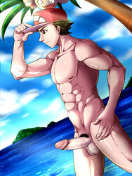 1boy abs alolan_exeggutor belly black_eyes brown_eyes brown_hair censored day erection exeggutor hat holding looking_down male_only muscle navel nipples nude ocean open_mouth outdoors pecs penis plant pokemon pokemon_sm pubic_hair red_(pokemon) short_hair sky smile standing testicles tofu_(coolboyz18) tongue veins veiny_penis water