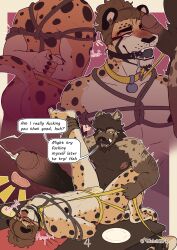 absurd_res anthro ball_gag bodily_fluids body_hair bondage cheetah clothing collar cum cum_inside dominant dominant_male duo ear_piercing english_text facial_piercing fangs felid feline furniture gag gay gay_male genital_fluids genitals hi_res hyena jockstrap leash male male/male mammal marti_(marti_chee) nipple_piercing nipples noodle_(davezdumpster) nose_piercing on_table penis penis_on_face piercing profanity prostate rope saliva spots table teeth text toichibear underwear yaoi