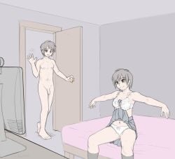 barefoot bottomless bra breasts brown_hair empty_eyes femsub happy_trance large_breasts malesub multiple_subs navel nude original panties penis short_hair sketch skirt skirt_lift sleepymaid topless underwear