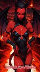 1girls absurdres ai ai_art ai_generated black_hair breasts cute cute_face demon demon_girl demon_horns english_text female hell highres huge_thighs long_hair looking_down looking_pleasured makeup orange_eyes palm_tree pleasure_face sexy sexy_body sexy_female sexy_pose shy tagme video