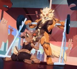 animal_genitalia anthro arcanine balls big_balls bodily_fluids bottomless bottomless_anthro bottomless_male bottomwear canid canine claws clothed clothing deer duo_focus exercise eyewear finger_claws fur furry gay generation_1_pokemon genitals glasses group gym hi_res hooves ketinha looking_at_another male male/male mammal markings mori_redford mule_deer musk musk_cloud musky_balls musky_penis new_world_deer nintendo nipple_piercing nipple_ring nipples orange_body orange_fur pecs penis piercing pokemon pokemon_(species) public public_nudity red_eyes ring_piercing sheath shirt shorts silhouette spandex spandex_shorts spots spotted_body spotted_fur striped_body striped_fur stripes sweat sweatdrop tail tail_motion tailwag tank_top tight_bottomwear tight_clothing tight_shorts topwear weightlifting weights workout