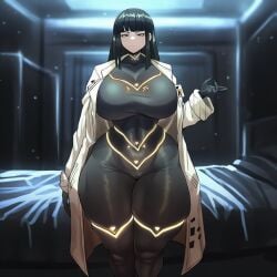 1girls ai_generated bed bedroom big_breasts black_eyes black_hair bodysuit breasts breasts_bigger_than_head cesara_(limbus_company) child_bearing_hips cinderhee expressionless facing_viewer female female_only huge_breasts labcoat limbus_company long_hair pale-skinned_female pale_skin project_moon skintight skintight_bodysuit solo solo_female standing tagme wide_hips