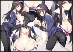 :d black_hair black_legwear bow bow_bra bra breasts censored frilled_bra frilled_panties frills from_side hair_over_one_eye hairband highres jpeg_artifacts kasumigaoka_utaha large_breasts long_hair multiple_views nakamura_takeshi open_clothes open_mouth open_shirt paizuri panties panties_under_pantyhose pantyhose saenai_heroine_no_sodatekata school_uniform serafuku shirt skirt skirt_lift smile straight thighband_pantyhose underwear white_bra