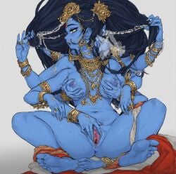 ai_generated big_breasts blue_skin cupping_breasts goddess gold_jewelry hindu hindu_mythology hinduism kali_ma_(hinduism) multiple_arms purple_nipples spread_pussy