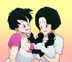 2girls cleavage curvy dragon_ball erect_nipples female female_only huge_areolae huge_breasts liesday multiple_girls puffy_nipples selfcest short_hair shounen_jump thick_lips twintails videl voluptuous yuri