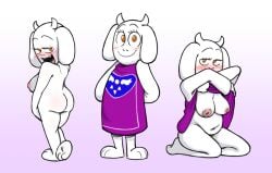 anthro areola ass blush bovid breasts caprine clothed clothing clothing_lift female goat inverted_nipples kneeling lifting_robe looking_at_viewer mammal mannysdirt nipples no_underwear nude presenting slightly_chubby smile solo standing story_of_undertale toriel toriel_(sou) toriel_(undertale) undertale_(series)