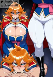 1boy 1girl ahoge ai_generated alternate_breast_size black_footwear blue_eyes blue_tunic blush boots breasts brooch cape cleavage cleavage_cutout clenched_teeth clothed_female_nude_male clothing clothing_cutout cum cum_in_mouth cum_in_nose cum_overflow curvy deepthroat english_text fellatio female hair_between_eyes half-closed_eye hetero huge_breasts irrumatio jennieart02 jewelry large_breasts league_of_legends leona_(league_of_legends) long_hair looking_at_viewer male male_pubic_hair multiple_views nude oral orange_hair pants patreon patreon_logo patreon_username penis pov_crotch pubic_hair raised_eyebrow red_cape rolling_eyes sash semen snot solo_focus stray_pubic_hair teeth thick_thighs thighs tight_clothes twitter twitter_logo twitter_username uneven_eyes watermark white_pants