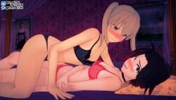 2girls blush bra breasts fefreak726 female female_only lingerie maka_albarn on_bed panties ruby_rose rwby soul_eater yuri