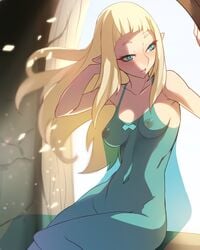 1girls bakara_jurgen ban blonde_hair blush breasts dofus elf female navel nipples pointy_ears see-through solo