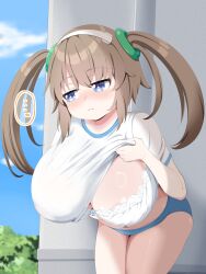 ... absurdres areola_slip blue_buruma blue_eyes blush bra breasts brown_hair buruma closed_mouth clothes_lift commentary_request female frilled_bra frills frown highres huge_breasts leaning_forward long_hair looking_to_the_side minori_(senran_kagura) nagashima_(nagatol) nagashima_l navel no_bra ring_hair_ornament senran_kagura senran_kagura_shinovi_versus shirt_lift solo spoken_ellipsis twintails underwear white_bra