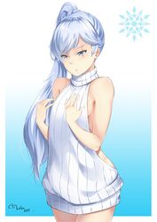 1girls backless_outfit blue_eyes breasts cowboy_shot dress emblem eye_scar facial_scar female female_only flat_chest gradient gradient_background halterneck long_hair lulu-chan92 meme_attire naked_sweater open-back_dress ponytail ribbed_sweater rwby scar side_ponytail sideboob solo sweater sweater_dress tied_hair turtleneck virgin_killer_sweater weiss_schnee white_hair