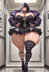 ai_generated alternate_body_type alternate_breast_size asymmetrical_legwear big_ass big_thighs black_choker black_dress black_footwear black_hair black_nails black_panties black_thighhighs blush bottom_heavy breasts chest_belt child_bearing_hips choker cleavage closed_mouth coat corruptedvisions curvaceous curves curvy curvy_body curvy_figure dress female fishnet_socks fishnets frills full_body fur-trimmed_coat fur-trimmed_jacket fur_trim gigantic_ass glossy glossy_body grey_hair hair_ornament hi_res high_resolution highres hololive hololive_english hourglass_figure huge_ass huge_breasts indoors jacket kneehighs lace lace-trimmed_choker large_thighs long_hair looking_at_viewer massive_ass mismatched_legwear multicolored_hair off_shoulder open_clothes open_jacket panties platform_footwear plump shiny_skin shiori_novella shiori_novella_(1st_costume) short_dress single_kneehigh single_sock single_thighhigh skin_gloss skindentation skull_crushing_thighs smile socks solo split-color_hair stable_diffusion standing striped_clothes striped_gloves striped_thighhighs sweat thick_thighs thighhighs thighs thunder_thighs tiles two-tone_hair underwear uneven_legwear virtual_youtuber voluptuous wide_hips yellow_eyes