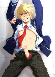 1boy blonde_hair blue_eyes blush clenched_teeth erection lying male male_focus male_only penis restrained school_uniform shima_kyousuke solo solo_focus unbuttoned undressing