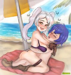 1boy 1girls alternate_costume ass beach bikini boots bottomless breasts brown_hair chrom_(fire_emblem) daikiarts female fire_emblem fire_emblem_awakening fire_emblem_heroes gloves large_breasts male nintendo ocean official_alternate_costume outdoors purple_bikini purple_swimsuit robin_(fire_emblem) robin_(fire_emblem)_(female) saliva_string sand sex straight swimsuit thigh_belt thigh_strap twintails