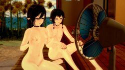 16:9 1boy 1girl 2025 3d alternate_version_available anime_style black_eyes black_hair boobs elf_ears elf_female elf_male exhausted fan female glasses koikatsu light-skinned_female light-skinned_male light_skin male nipples nude nude_female nude_male original_character silvia_black_(sivblack) siv_black siv_black_(sona) small_breasts summer twins