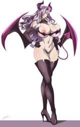 breasts costume female full-length_portrait full_length high_heels horns huge_breasts jeane portrait purple_hair solo standing stockings succubus suikoden wings zetarok