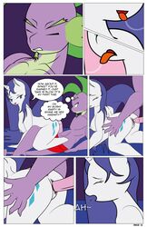 anthro anthrofied bed blue_eyes breasts comic cutie_mark dekomaru dialogue dragon english_text equine facial_hair female friendship_is_magic fur goatee green_eyes grey_nipples group group_sex hi_res horn male mammal my_little_pony nipples page_12 page_number penetration penis pussy rarity_(mlp) saliva saliva_string scalie sex smooth_skin spike_(mlp) straight sweetie_belle_(mlp) text thehotroom threesome unicorn vaginal_penetration white_fur