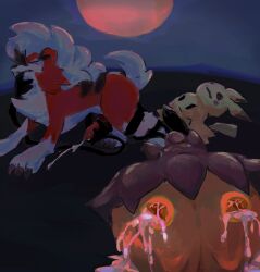 2ri ambiguous_gender anthro bodily_fluids canid canine canis crying cum cumshot ejaculation feral finger_in_mouth generation_6_pokemon generation_7_pokemon genital_fluids genitals ghost group handjob handjob_from_behind hi_res knot knotted_penis leaking_cum lycanroc male mammal midnight_lycanroc mimikyu nintendo penile penis pokemon pokemon_(species) pumpkaboo questionable_consent sex spirit tears trio wolf